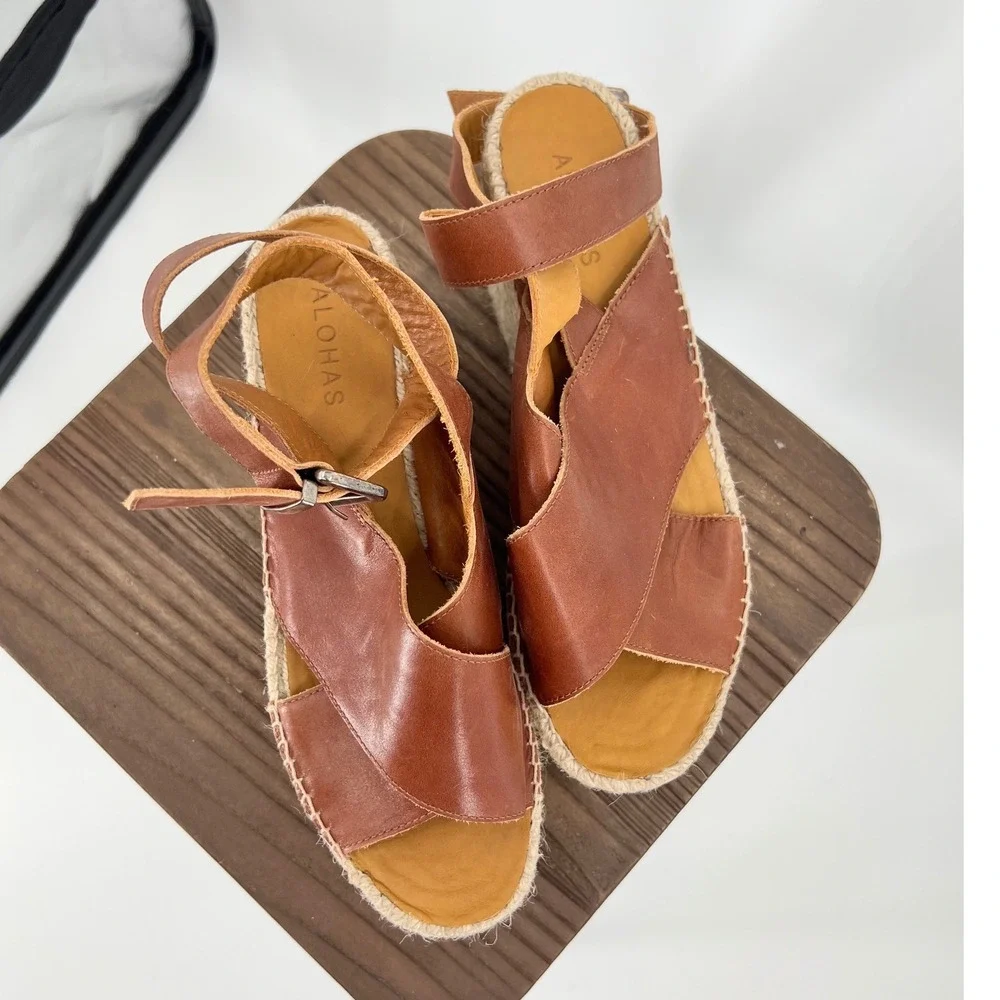 Alohas Vegas Camel Leather Platform Espadrille Sandals Brown Wedge Spain US 10